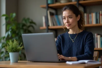 Femme enseignante accédant à son portail académique PIA depuis son bureau à domicile en toute sécurité