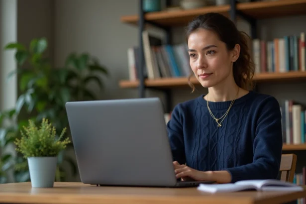 Femme enseignante accédant à son portail académique PIA depuis son bureau à domicile en toute sécurité