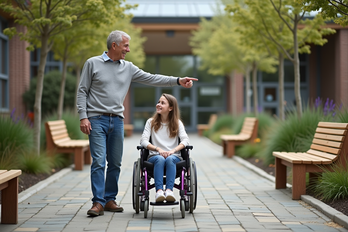Adolescent en fauteuil avec un accompagnant dans un jardin scolaire