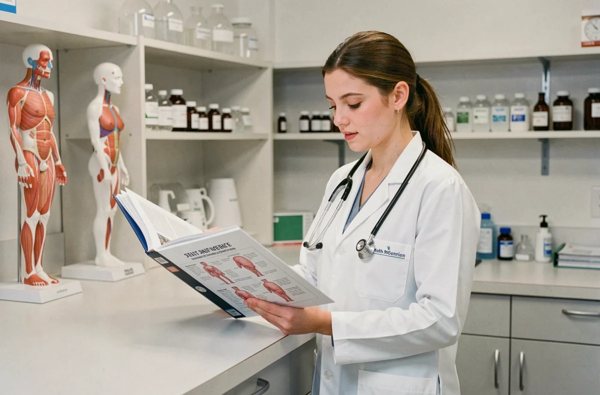 Étudiante en formation sanitaire et sociale en blouse blanche dans les locaux de l'ACPPAV