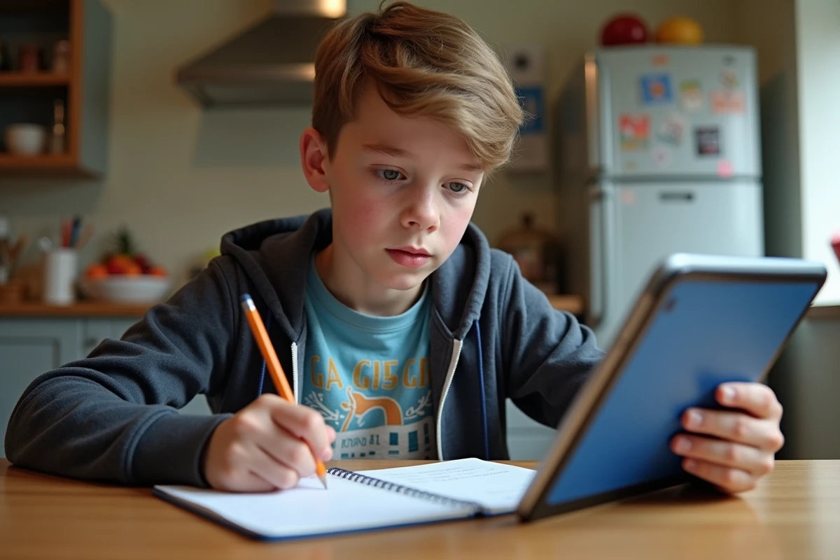 Adolescent notant dans un carnet avec une tablette à côté dans la cuisine