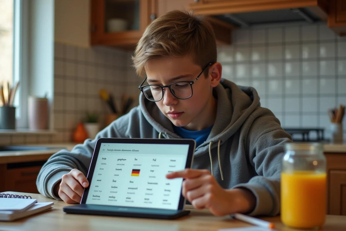 Adolescent pointant un tableau de déclinaison allemande sur une tablette