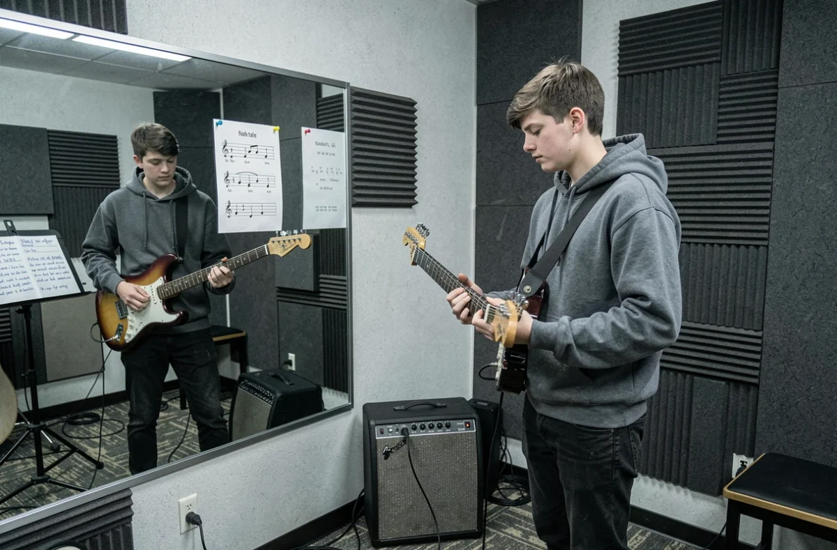 Adolescent apprenant l'accord Wonderwall dans une salle de répétition avec une guitare électrique et un diagramme d'accord