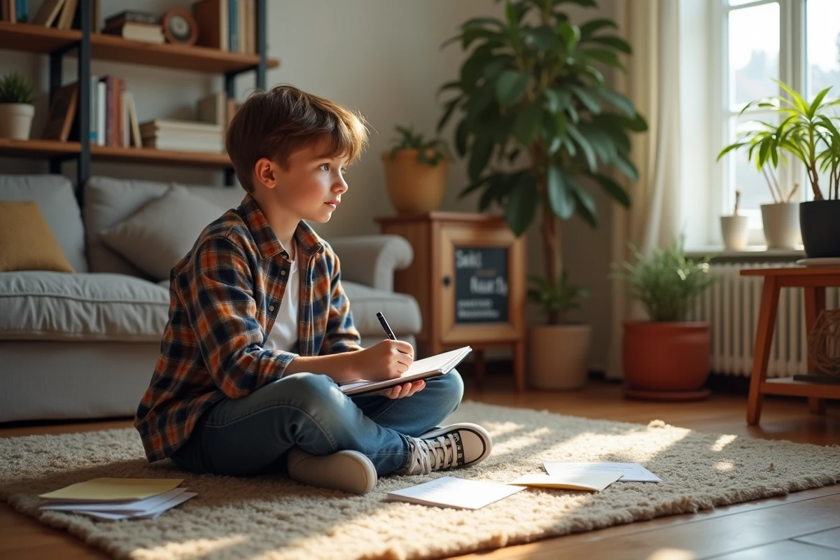 Adolescent étudiant la grammaire française avec des cartes et poster