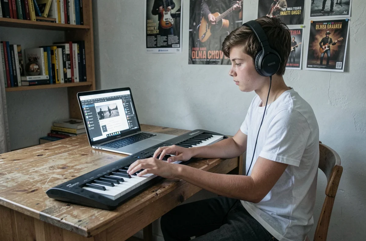 Adolescent apprenant le piano avec un clavier silicone pliable et des tutoriels en ligne sur ordinateur portable dans sa chambre