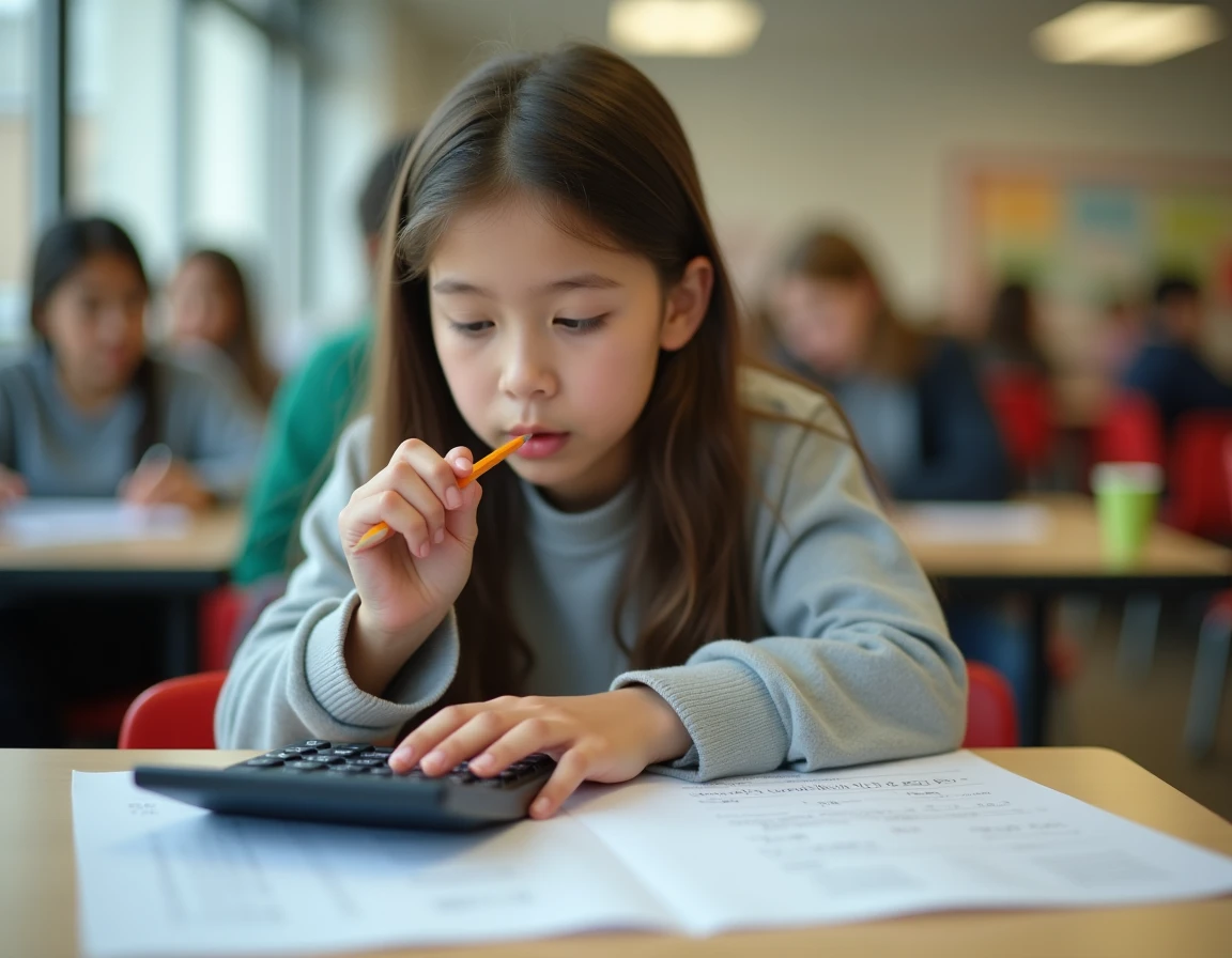 Adolescent utilisant une calculatrice scientifique pour calculer sa moyenne avec coefficients à la cafétéria scolaire