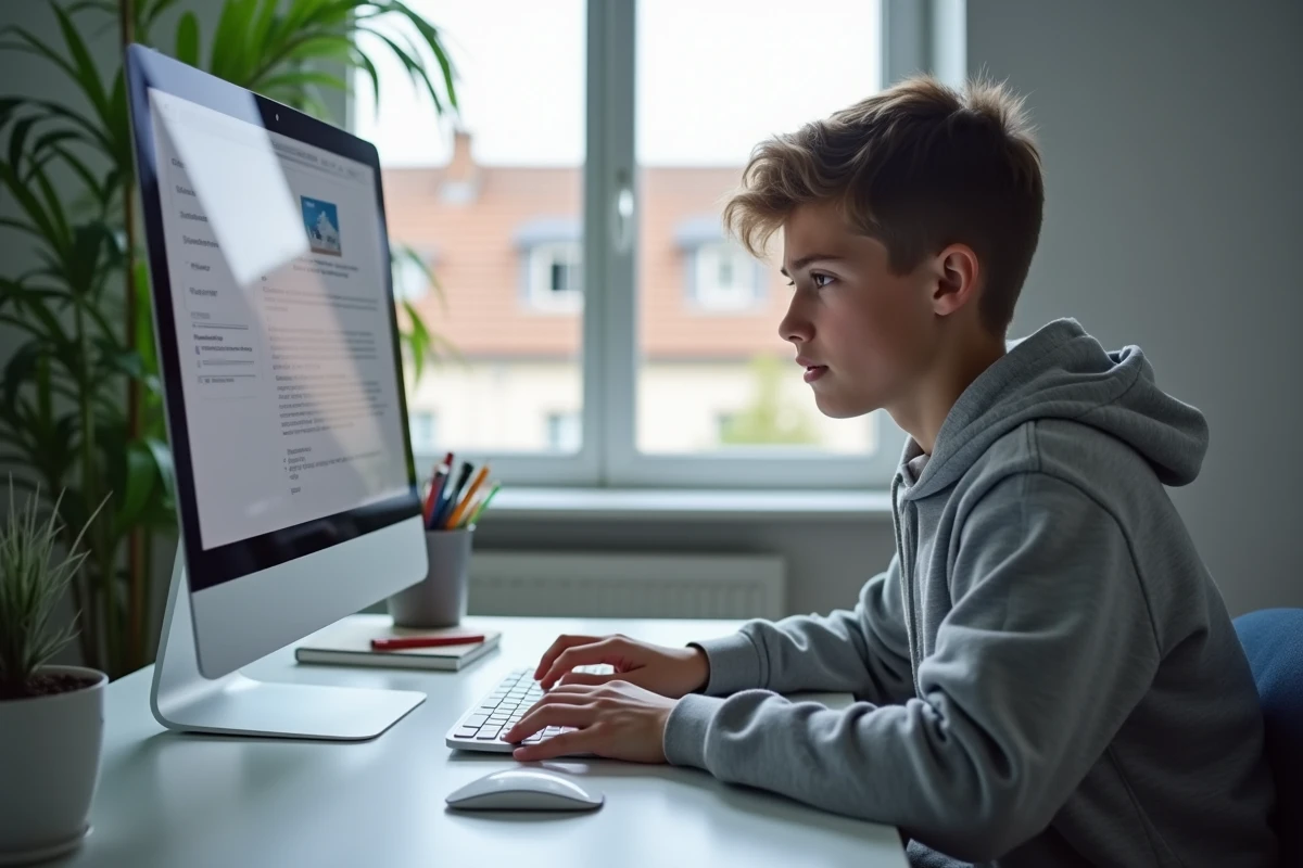 Adolescent résolvant un problème de connexion sur Edu Normandie depuis son bureau à la maison