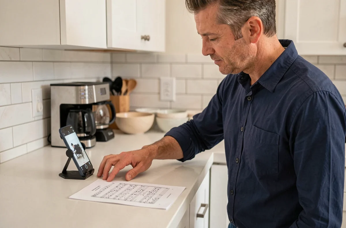 Homme adulte pratiquant des exercices de piano sur un plan de travail de cuisine en suivant une leçon vidéo sur smartphone