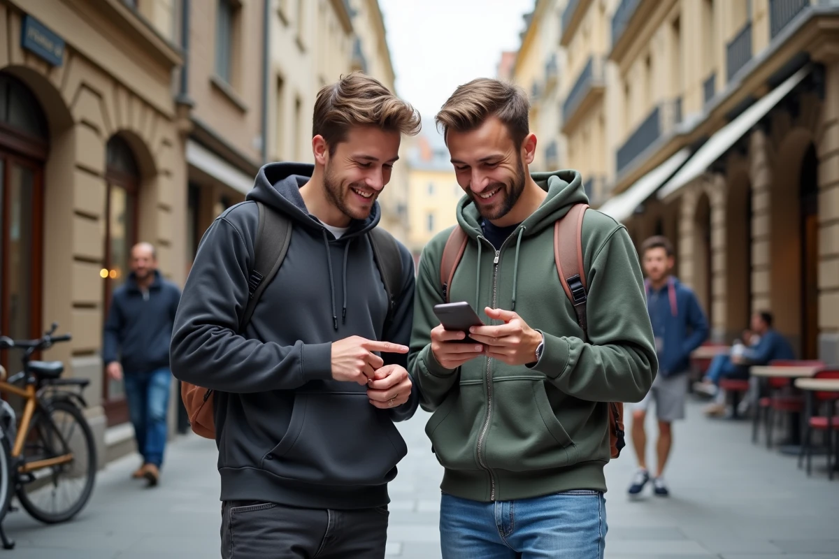 Deux amis étudiants discutant dans une rue européenne animée