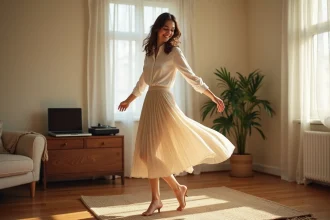 Femme apprenant les pas de la danse Madison seule chez elle en suivant un tutoriel en ligne
