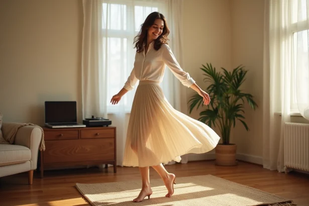 Femme apprenant les pas de la danse Madison seule chez elle en suivant un tutoriel en ligne