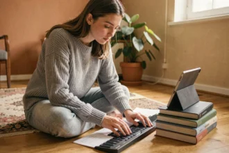 Jeune femme apprenant le piano sans instrument grâce à une application sur tablette et un clavier en papier posé sur le sol