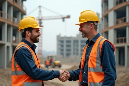 Apprenti BTP en alternance serrant la main d'un chef de chantier devant un immeuble en construction avec échafaudages