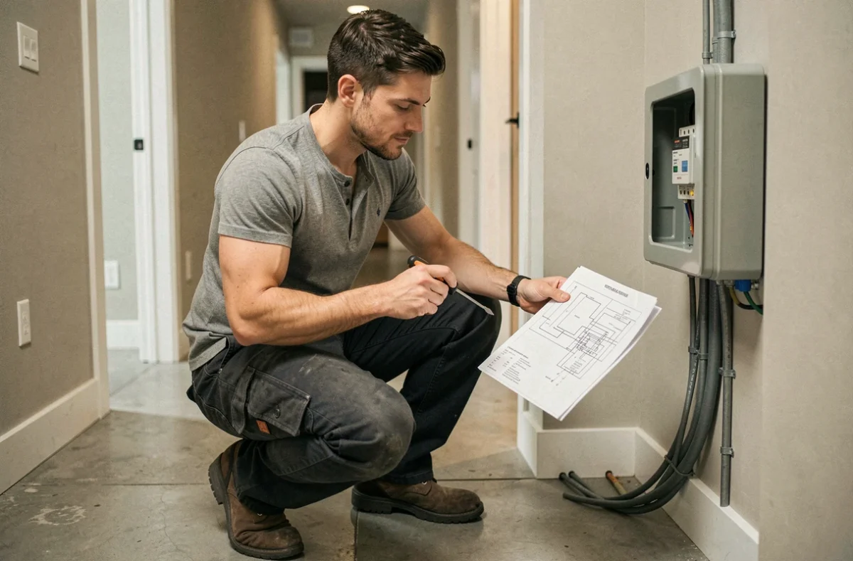 Jeune homme en apprentissage dans l'électricité sans diplôme préalable, travaillant sur un tableau électrique résidentiel