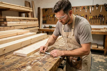 Apprenti menuisier mesurant une planche en bois dans un atelier de formation professionnelle menuiserie