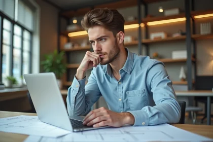 Jeune homme en bureau d'architecture regardant des plans