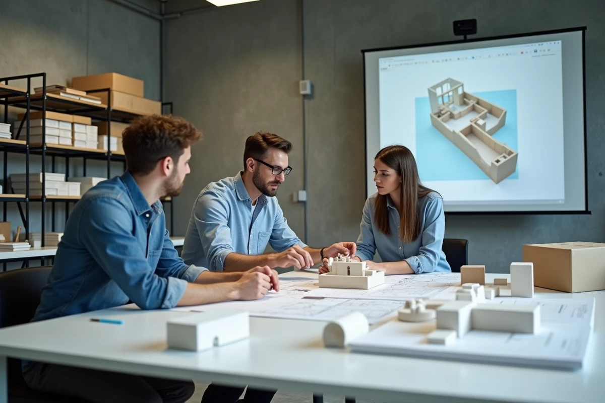 Groupe d'étudiants adultes collaborant autour de plans d'aménagement intérieur dans un atelier de formation professionnelle en design