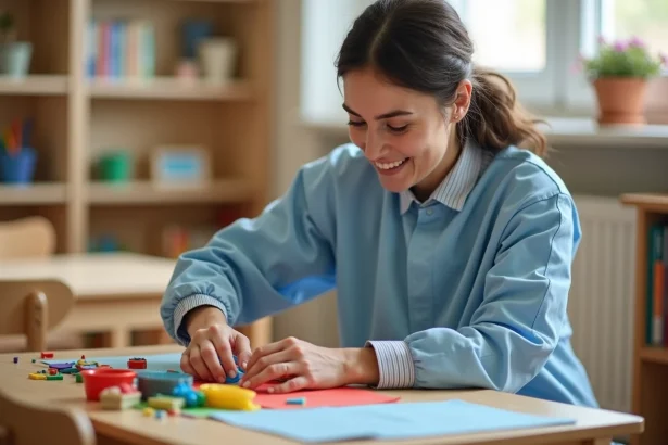 ATSEM à temps partiel organisant du matériel pédagogique dans une classe de maternelle française
