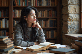 Jeune femme studieuse dans une vieille bibliothèque européenne
