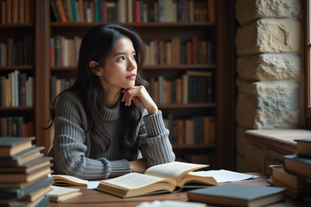 Jeune femme studieuse dans une vieille bibliothèque européenne