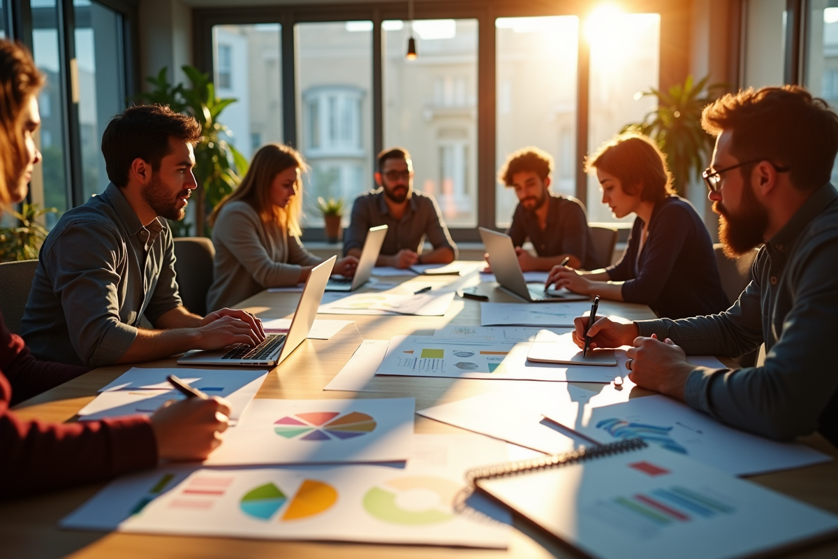 Équipe en brainstorming avec plans et ordinateurs