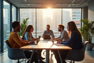 Bureau moderne avec equipe diverse en collaboration