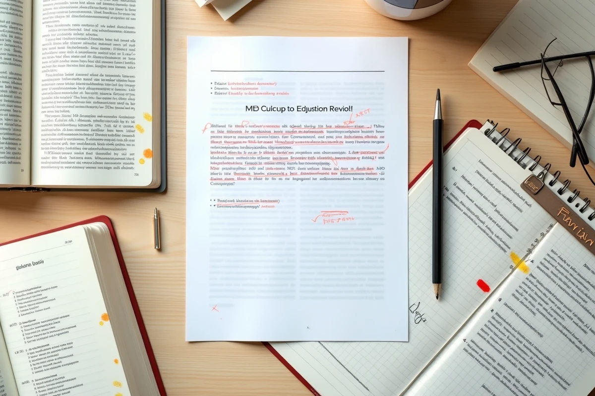 Vue aérienne d'un bureau d'étudiant avec un commentaire composé corrigé annoté et des notes de révision pour le bac de français