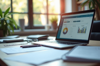 Espace de travail moderne avec ordinateur affichant le compte CPF