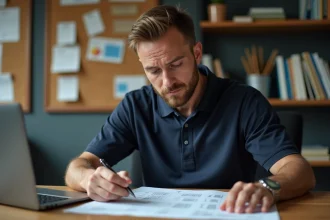 Chauffeur routier calculant le coût de sa formation FIMO à son bureau avec des documents et un ordinateur portable