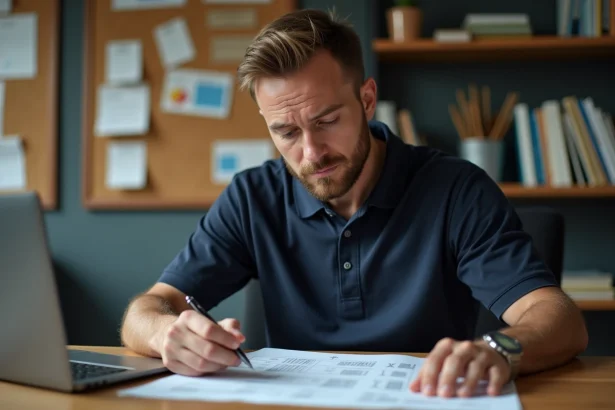 Chauffeur routier calculant le coût de sa formation FIMO à son bureau avec des documents et un ordinateur portable