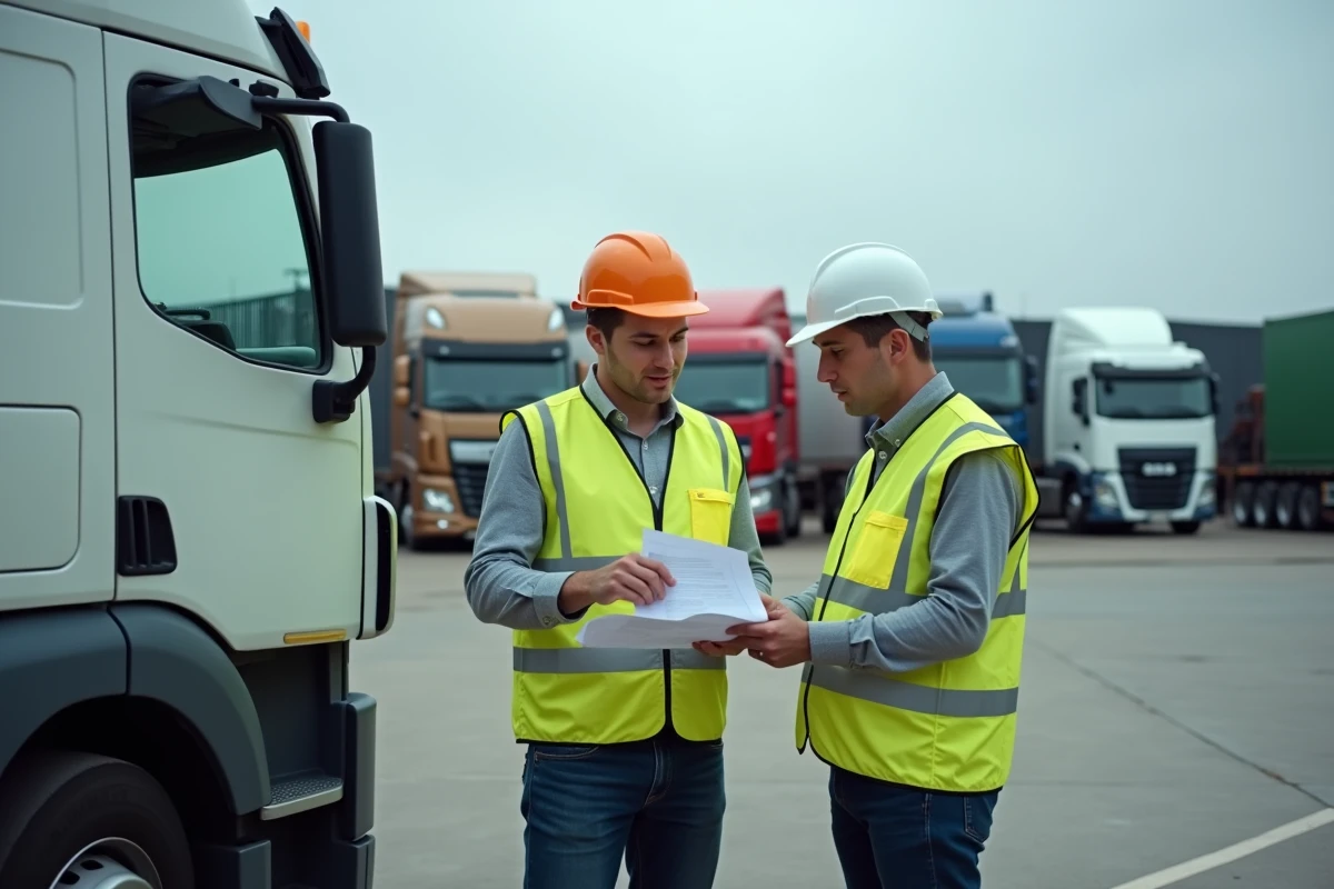 Deux chauffeurs en dépôt logistique discutant du devis de formation FIMO à côté d'un camion