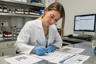 Chercheuse médicale analysant des données cliniques sur ESPBL dans un laboratoire de recherche biomédicale