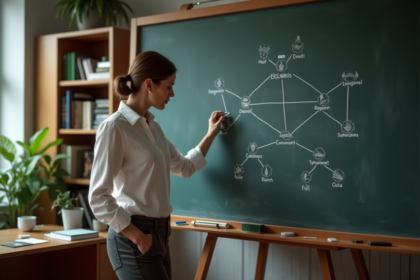 Scientifique femme en salle de classe dessinant un arbre evolutif