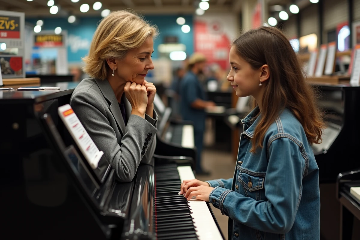 Femme et adolescente examinant un piano numérique dans un magasin d'instruments de musique lors d'un achat potentiel