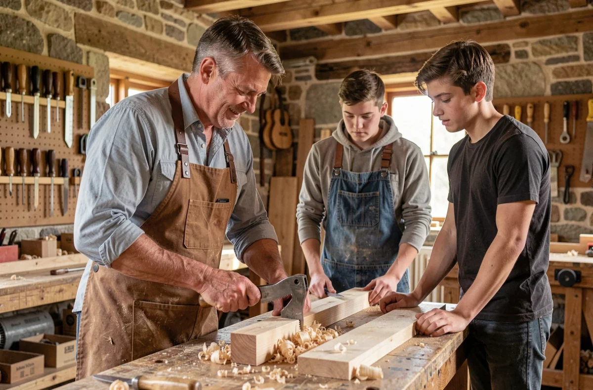 Un artisan maître transmettant son savoir-faire à des apprentis dans un atelier de la CMA Oise, Chambre de Métiers et de l'Artisanat