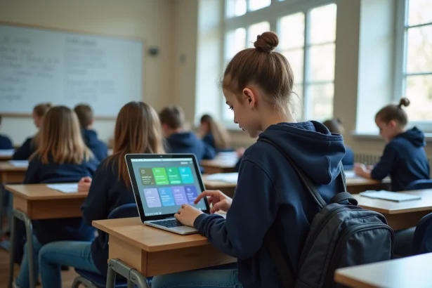Collégienne utilisant un ENT sur tablette en classe au collège en 2026