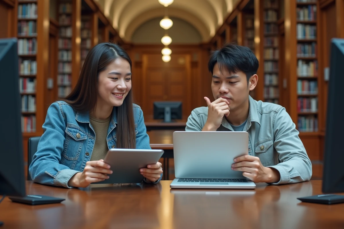 Deux étudiants en bibliothèque universitaire comparant une plateforme MyCampus moderne sur tablette et un intranet scolaire classique sur ordinateur de bureau