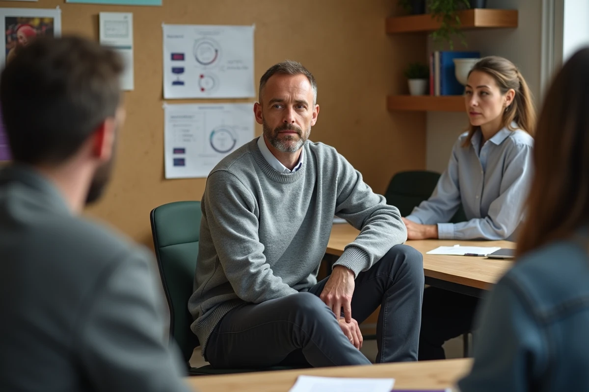 Un homme en pull gris inspire confiance à ses collègues sans recourir à son titre, dans un espace de travail collaboratif informel.