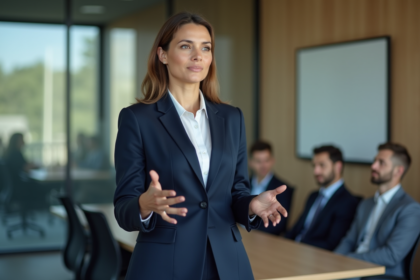 Femme confiante en costume navy lors d'une présentation