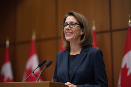 Femme d'âge moyen en costume parlant au podium lors d'une conférence