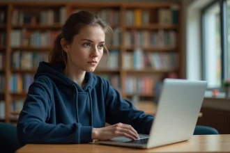 Étudiante connectée à son compte Mycampus depuis un ordinateur portable dans une bibliothèque universitaire