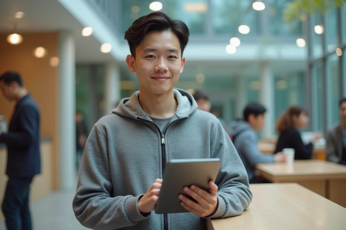 Étudiant accédant à Mycampus depuis une tablette dans un espace commun du campus