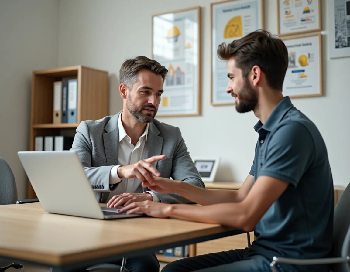 Conseiller en formation BTP aidant un étudiant à trouver une entreprise d'alternance via une plateforme en ligne