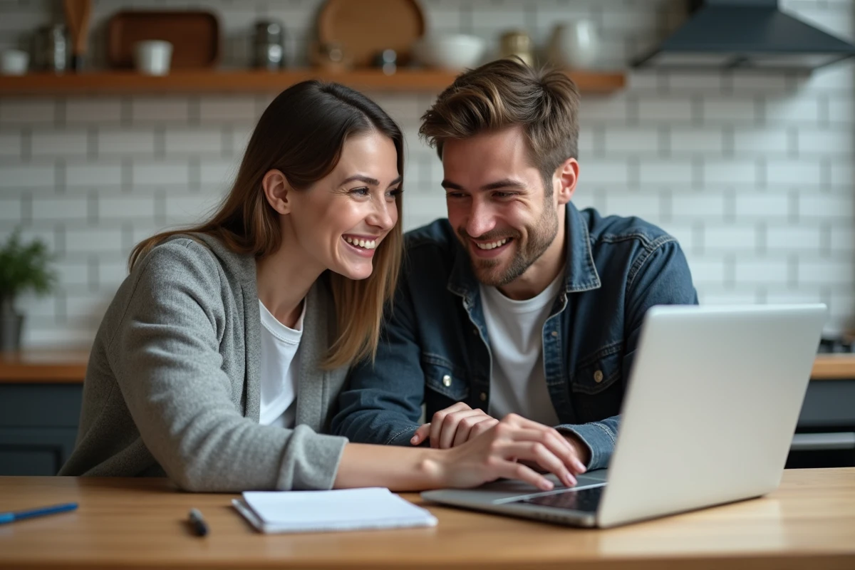 Couple consultant une plateforme de formation bricolage en ligne avec des schémas de plomberie sur un ordinateur portable à la table de cuisine