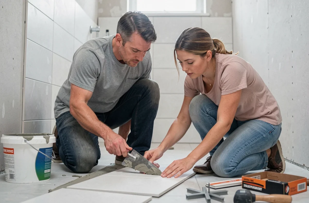 Un couple de débutants pose des carreaux de faïence sur un mur de salle de bain lors de travaux de rénovation à domicile