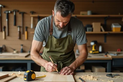 Homme adulte mesurant une planche en bois dans un atelier de bricolage bien équipé à domicile