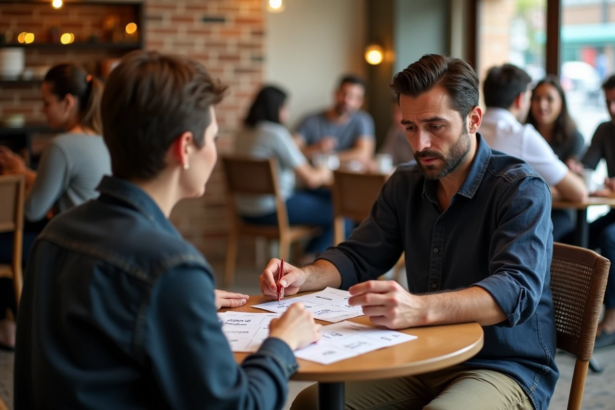Cours particulier d'espagnol en café avec flashcards de conjugaison imparfait et passé composé entre un étudiant et une tutrice