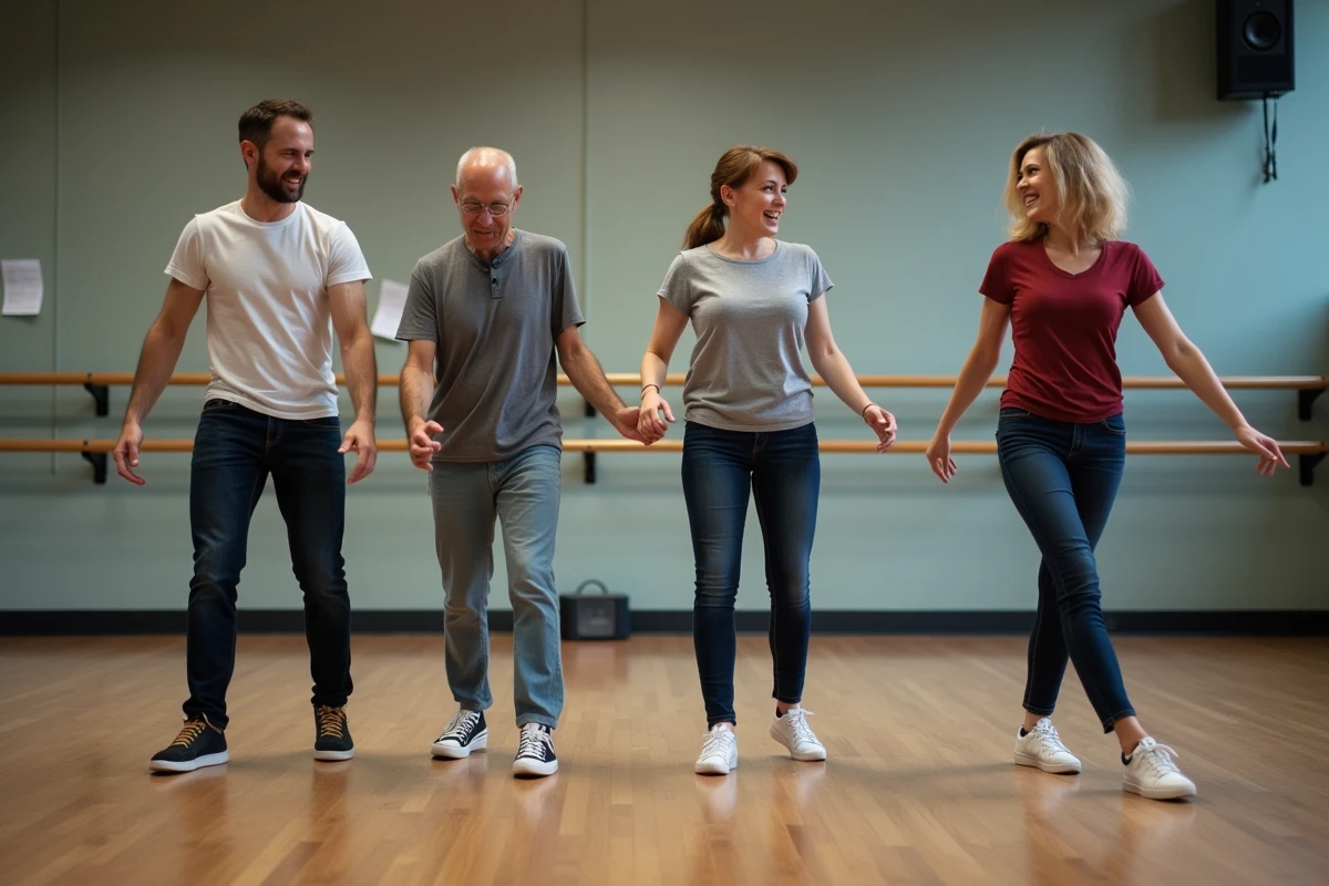 Groupe d'adultes débutants apprenant la Madison en atelier de danse collectif