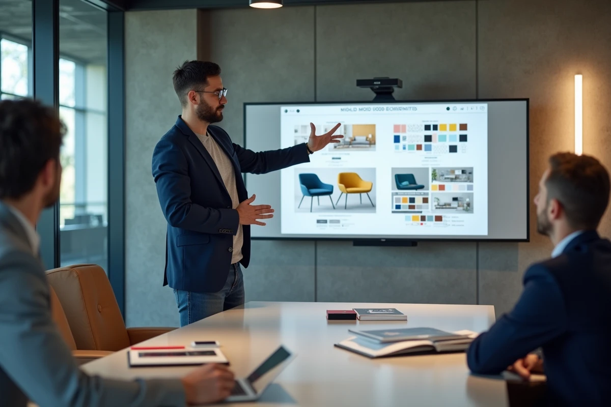 Designer professionnel présentant un moodboard de design à une équipe dans un bureau contemporain, illustration des débouchés en design