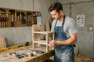 Un homme débutant en bricolage examine une étagère en bois dans un atelier de garage avec des outils de base sur un établi
